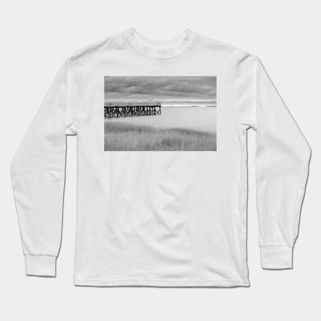 Jetty on Calf Pasture Beach Connecticut under overcast sky in moody monochrome  Wonderful for an art print on  your wall, or even a t-shirt. Long Sleeve T-Shirt by brians101